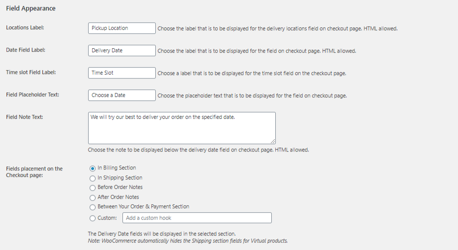 Change the labels for Delivery date & Time fields in Order Delivery Date Pro for WooCommerce - Field Appearance