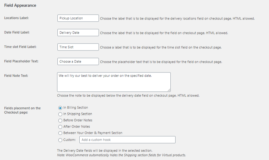 Set Delivery Date & Time fields placement - Field Appearance