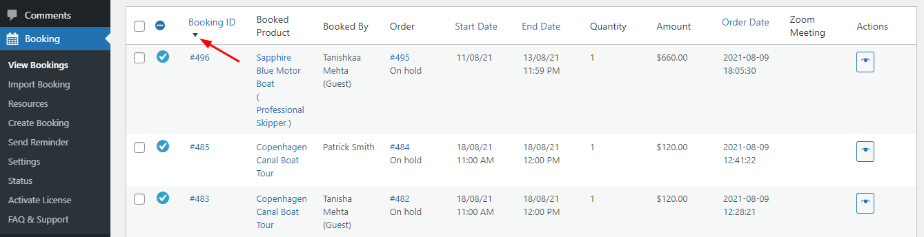 View Bookings in Admin - Tyche Softwares Documentation