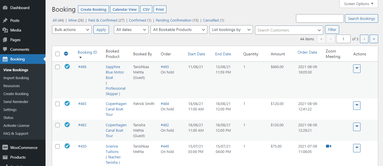 View Bookings in Admin - Tyche Softwares Documentation