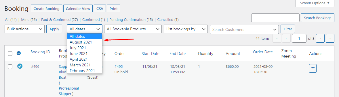 View Bookings in Admin - Tyche Softwares Documentation