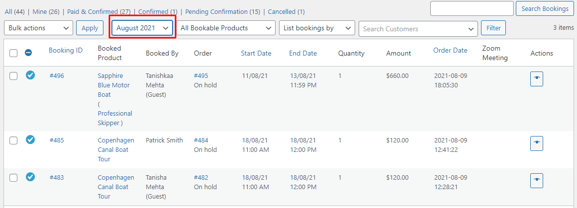 View Bookings in Admin - Tyche Softwares Documentation