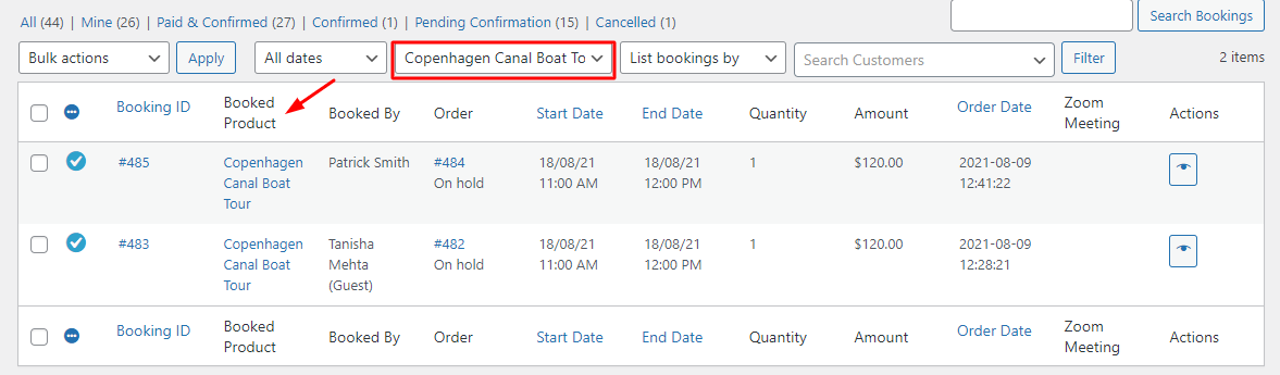 View Bookings in Admin - Tyche Softwares Documentation