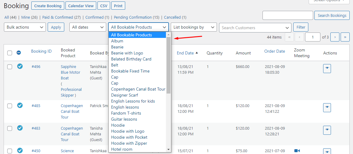 View Bookings in Admin - Tyche Softwares Documentation