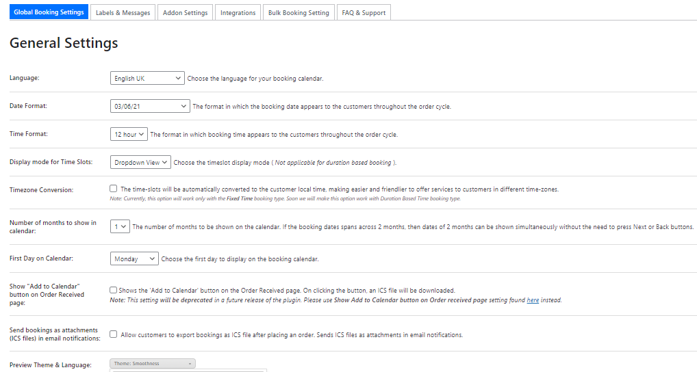 Global settings like the Calendar theme, Date & Time Formats - Tyche Softwares Documentation