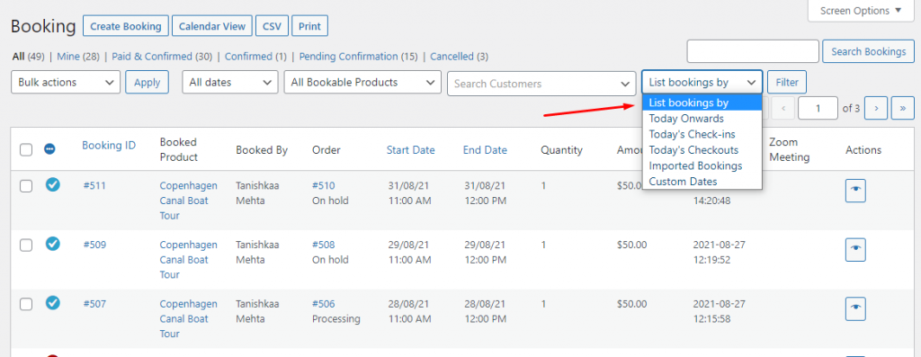 View Bookings in Admin - Tyche Softwares Documentation