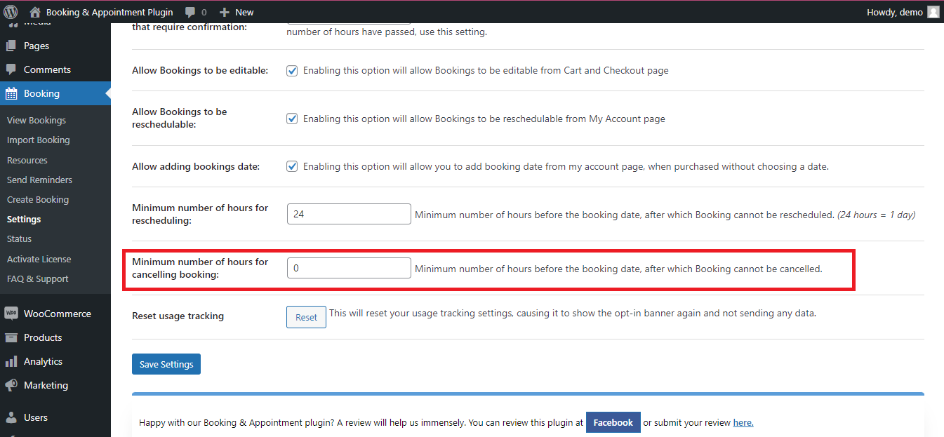 minimum number of hours for cancelling booking