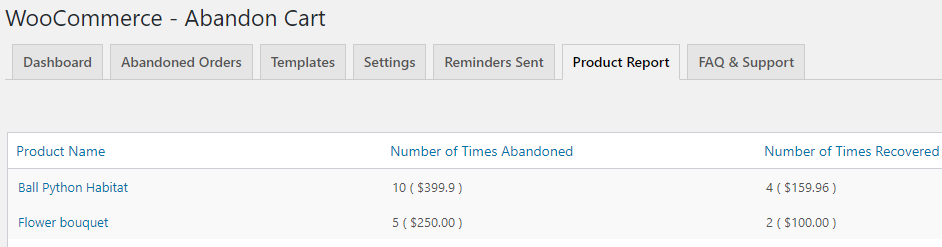 Abandoned Cart Pro for WooCommerce Product Report - Tyche Softwares Documentation