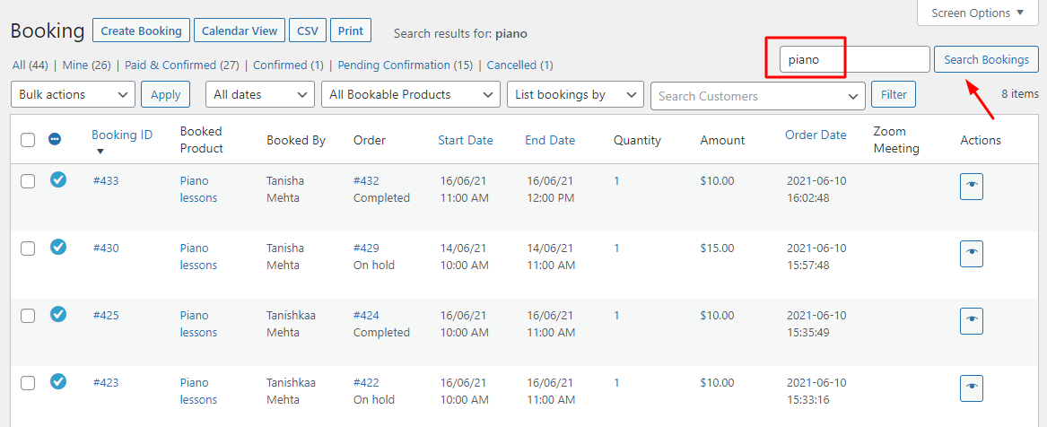 View Bookings in Admin - Tyche Softwares Documentation