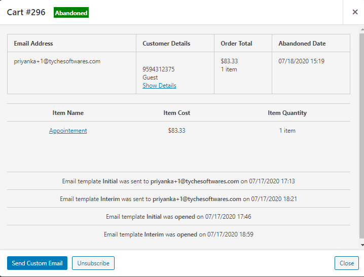 Abandoned Order Popup Modal - Tyche Softwares Documentation