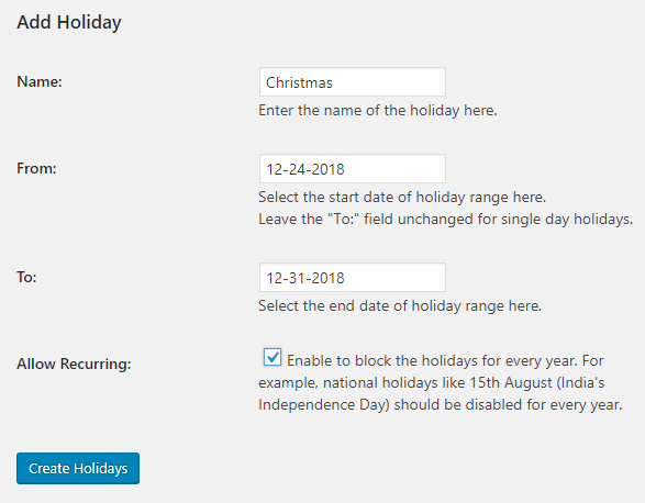 Setting up Recurring Holidays - Tyche Softwares Documentation