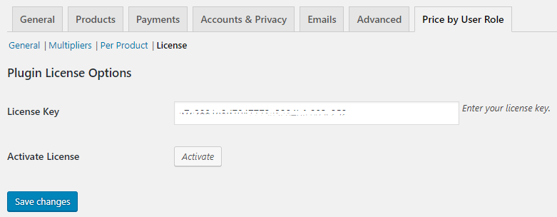Activating The License Key Of Product Prices By User Roles for WooCommerce - Tyche Softwares Documentation