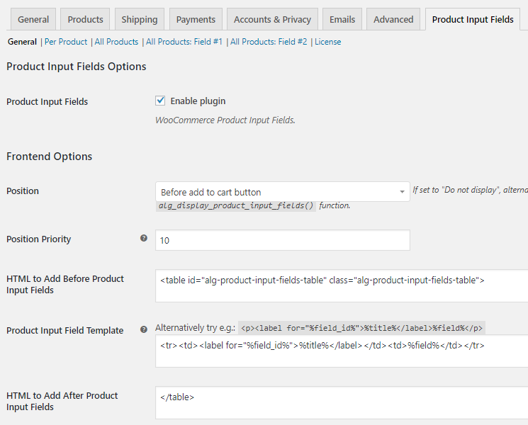 Product Input Fields for WooCommerce General Settings - Tyche Softwares Documentation