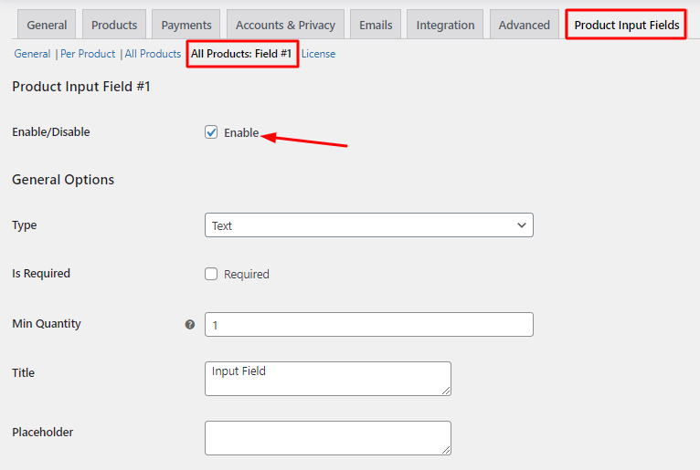 Product Input Fields Settings (All Products: #Field 1) 1 Product Input Fields Settings (All Products: #Field 1) - Tyche Softwares Documentation