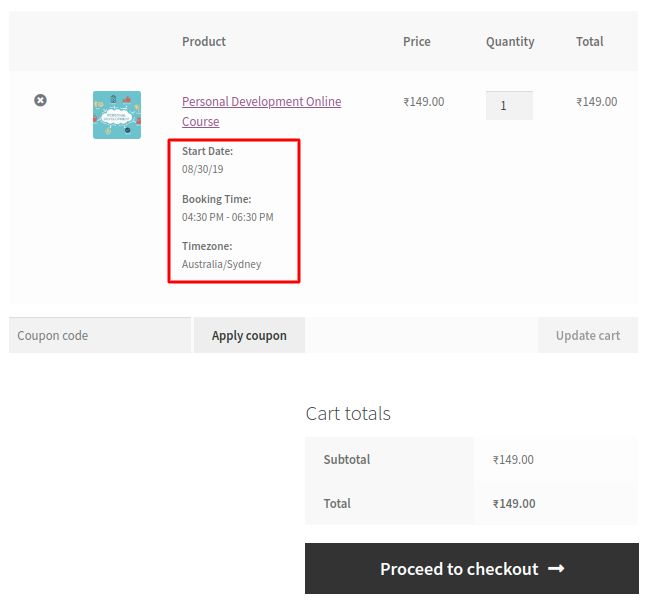 Timezone conversion - Cart table with booking details and timezone information