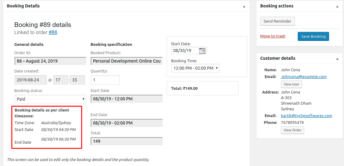 Timezone conversion - Edit Booking Post Page along with booking placed in a timezone