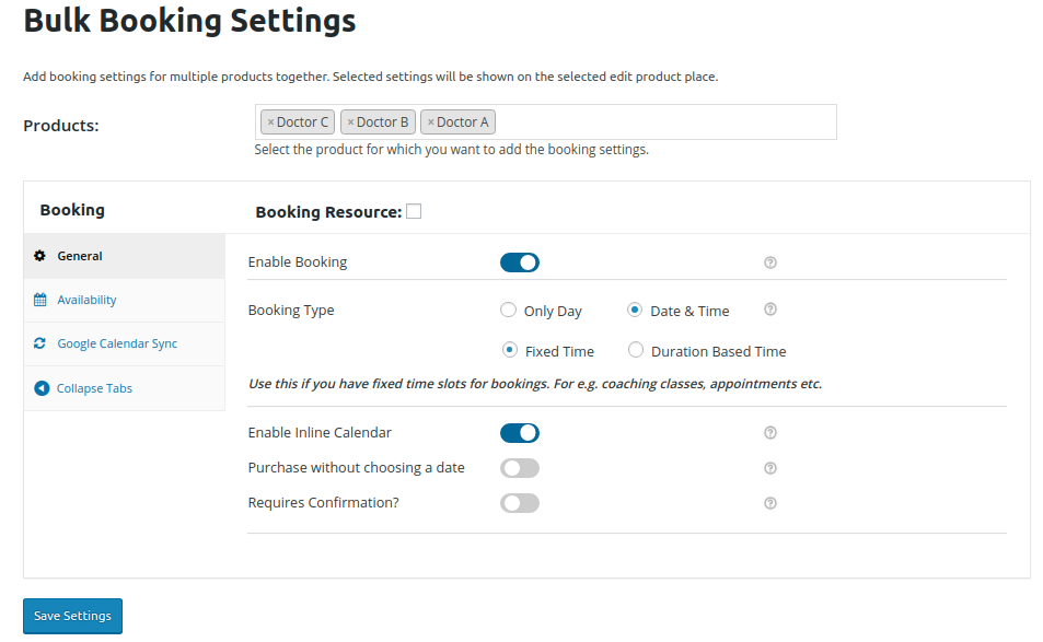 Selecting products and enabling booking settings