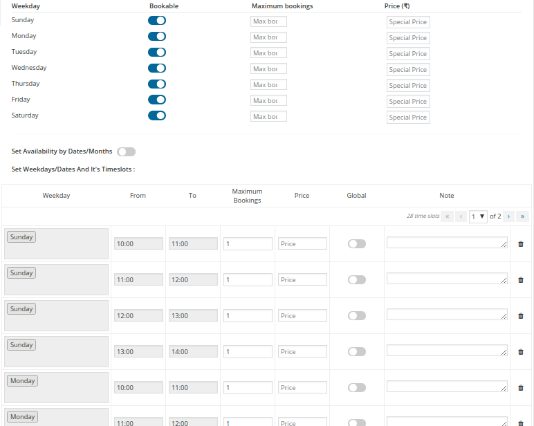 Availability of day & time - Manage availability