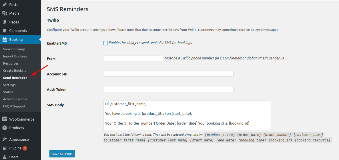 SMS Reminders 1 SMS reminders settings