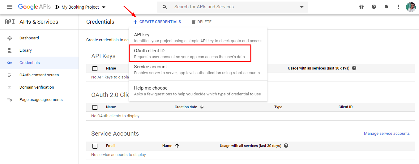creating credentials - google calendar sync via oauth