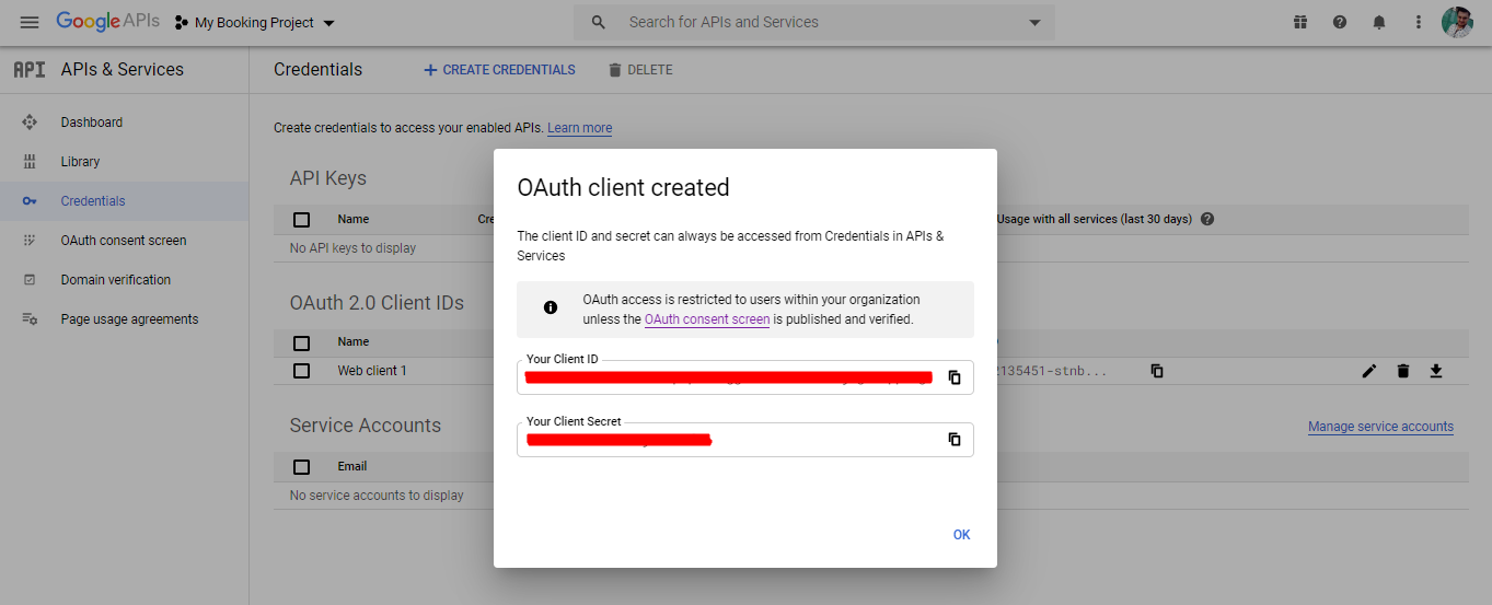 Client ID and Client Secret - google calendar sync via oauth