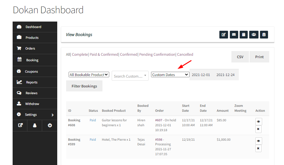 View Bookings for Dokan Vendors - Tyche Softwares Documentation