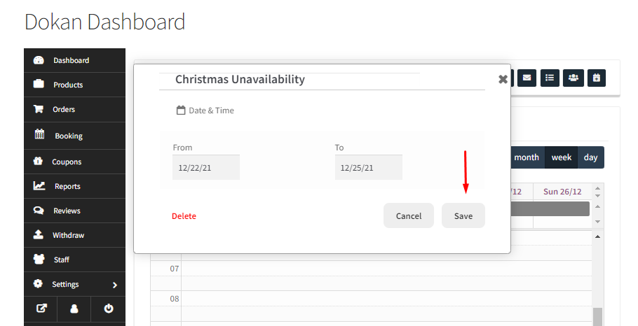 How Dokan Vendors can view bookings in the Calendar & set up Holidays - Tyche Softwares Documentation