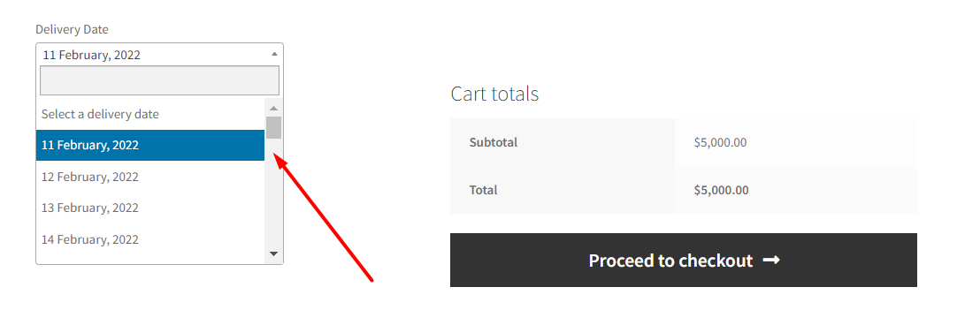 Delivery Date dropdown on the Cart Page
