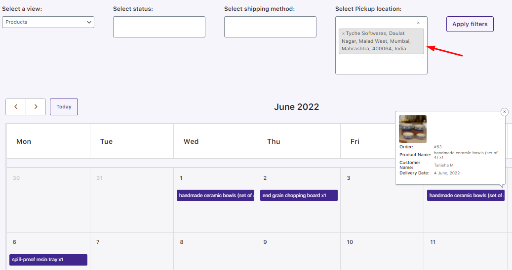 How can I view my order deliveries in the calendar? - Tyche Softwares Documentation