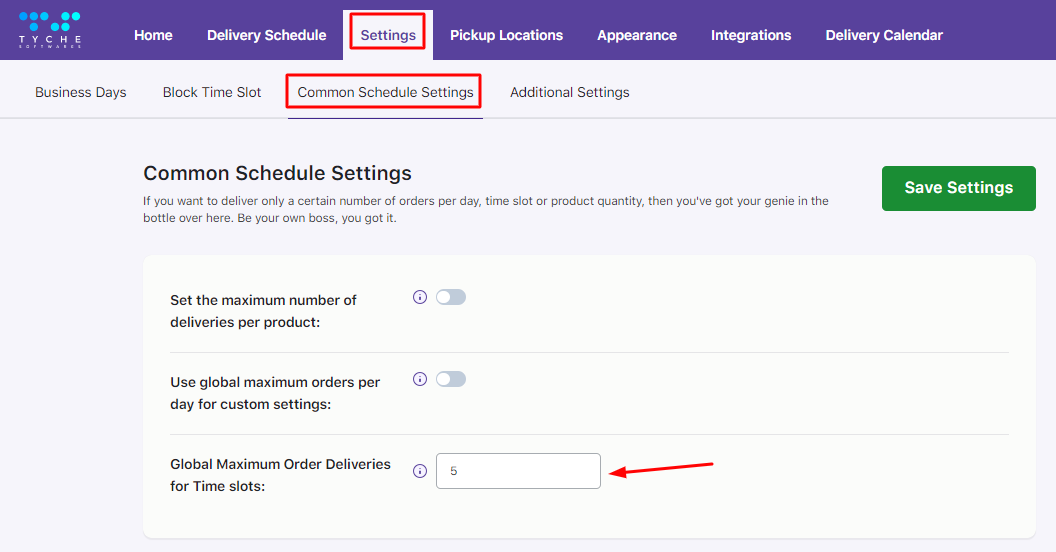 How can I set a global maximum order limit for timeslots in Custom Delivery Schedules? - Tyche Softwares Documentation