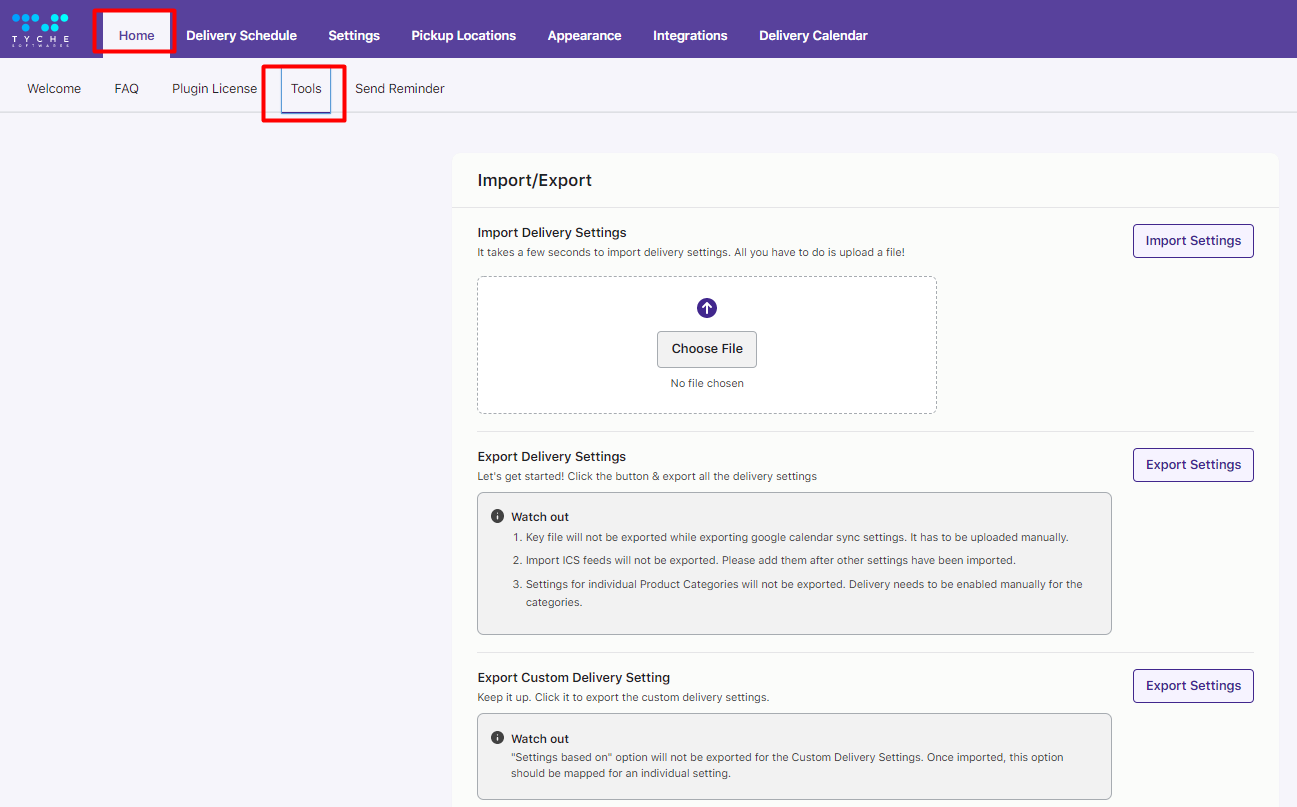 How can I export or import my delivery settings? - Tyche Softwares Documentation