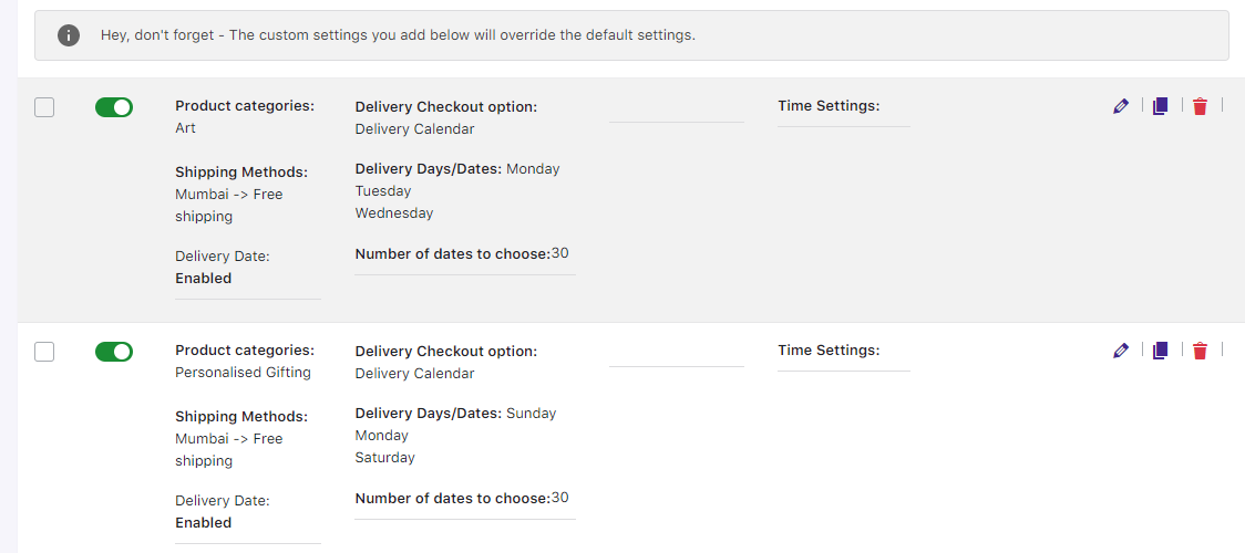 How would the custom delivery schedules in different combinations work? - Tyche Softwares Documentation