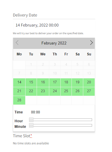 How can I make changes to the delivery calendar that’s displayed on the Checkout page? 9 Time format – Checkout Page