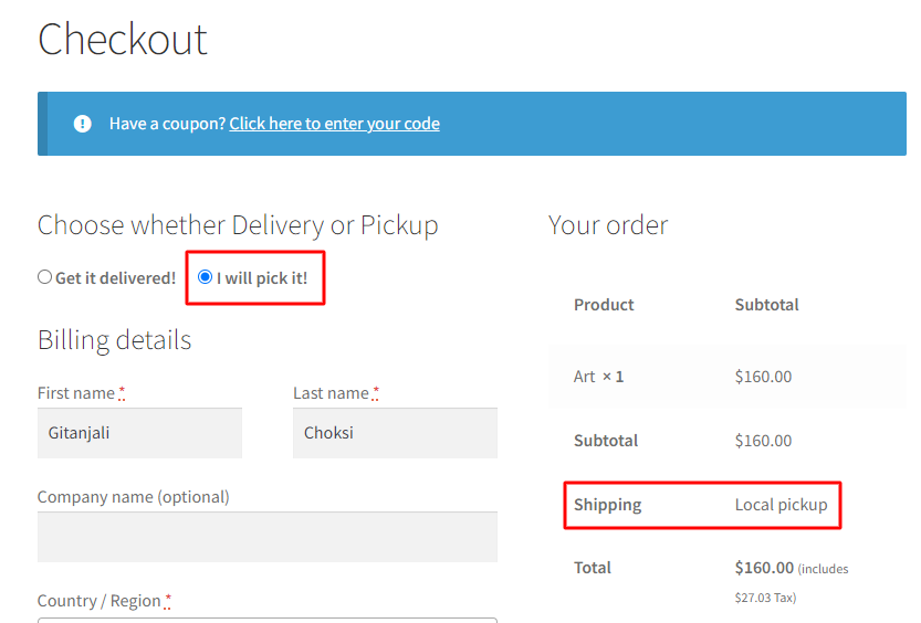 How do I let customers choose between Delivery or Pickup on checkout? - Tyche Softwares Documentation