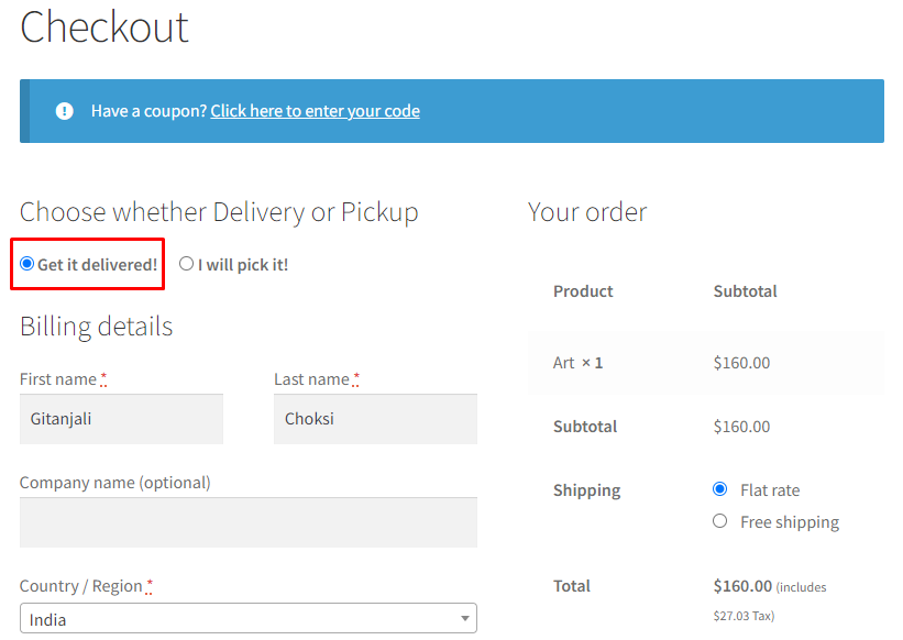 How do I let customers choose between Delivery or Pickup on checkout? - Tyche Softwares Documentation