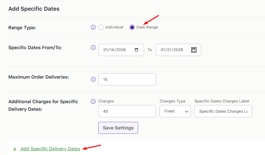 How do I set up delivery date settings for weekdays and specific dates? - Tyche Softwares Documentation
