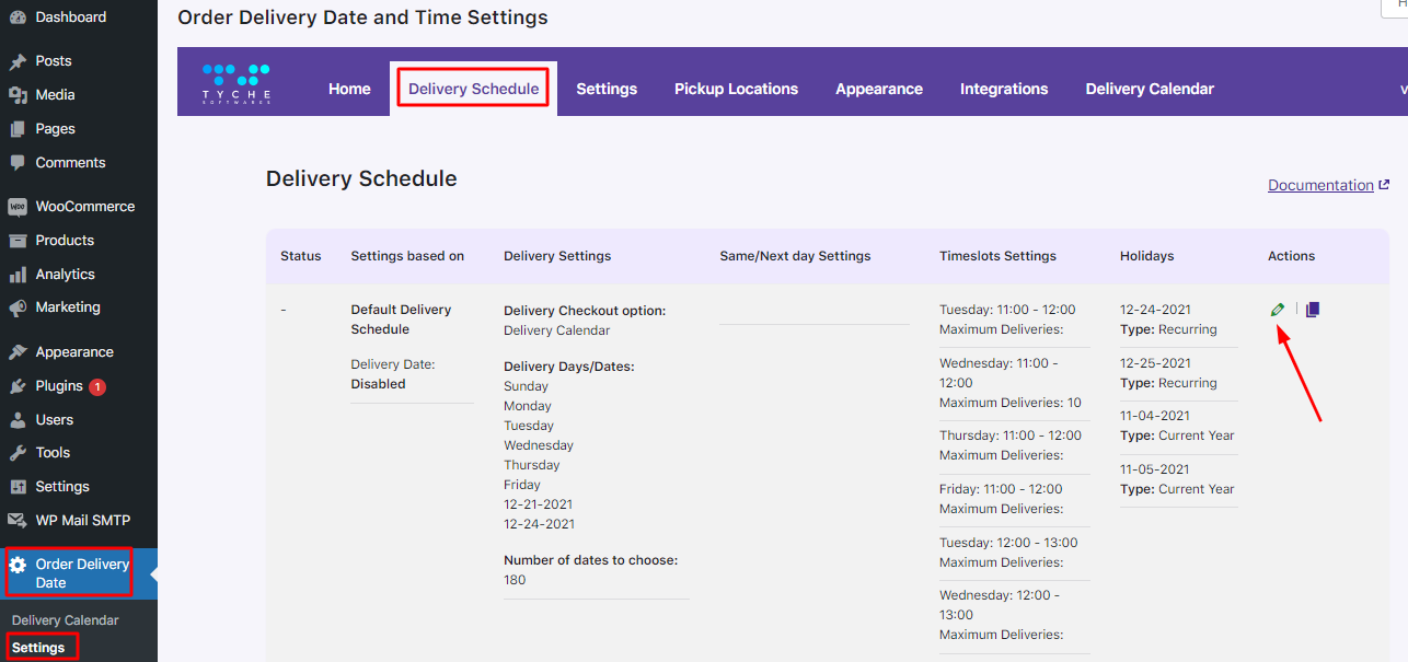 How do I set up delivery date settings for weekdays and specific dates? - Tyche Softwares Documentation