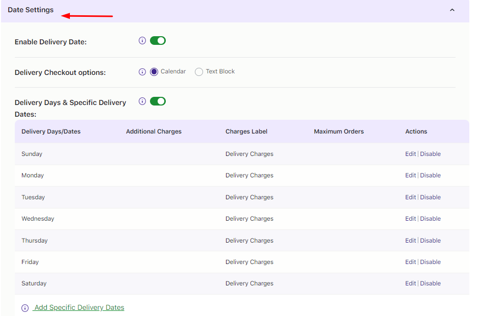 How do I set up delivery date settings for weekdays and specific dates? - Tyche Softwares Documentation