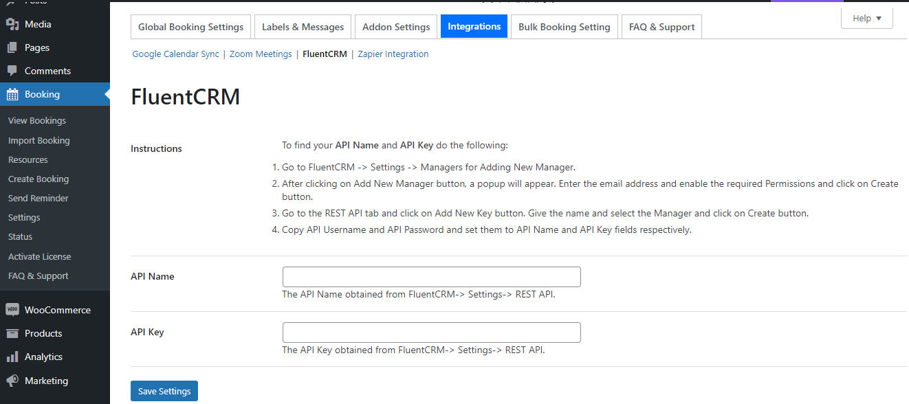 Booking & Appointment integration with FluentCRM - FluentCRM Integration Page