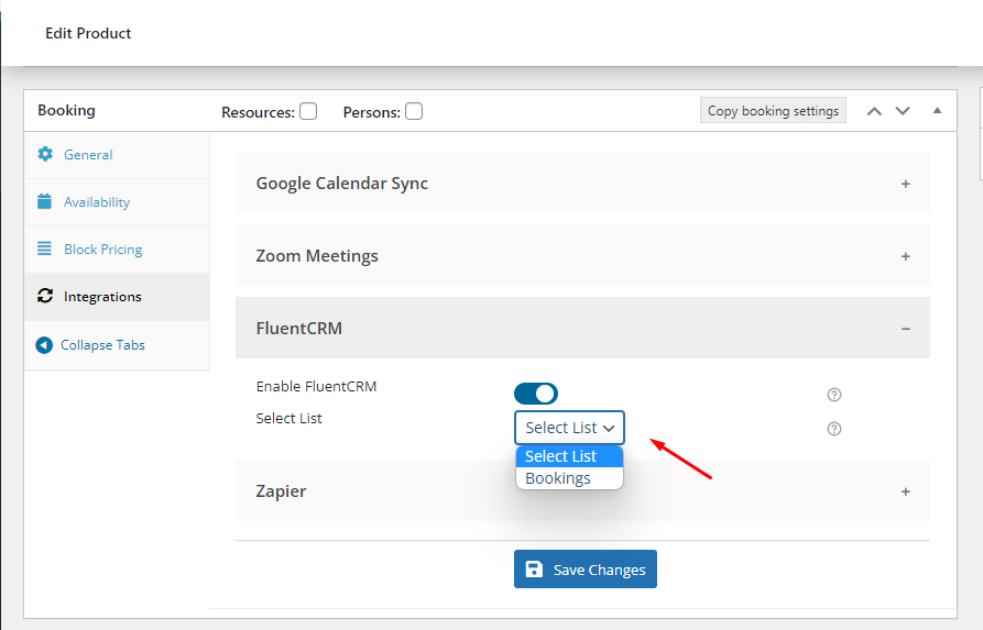 Booking & Appointment integration with FluentCRM - Settings at Product level