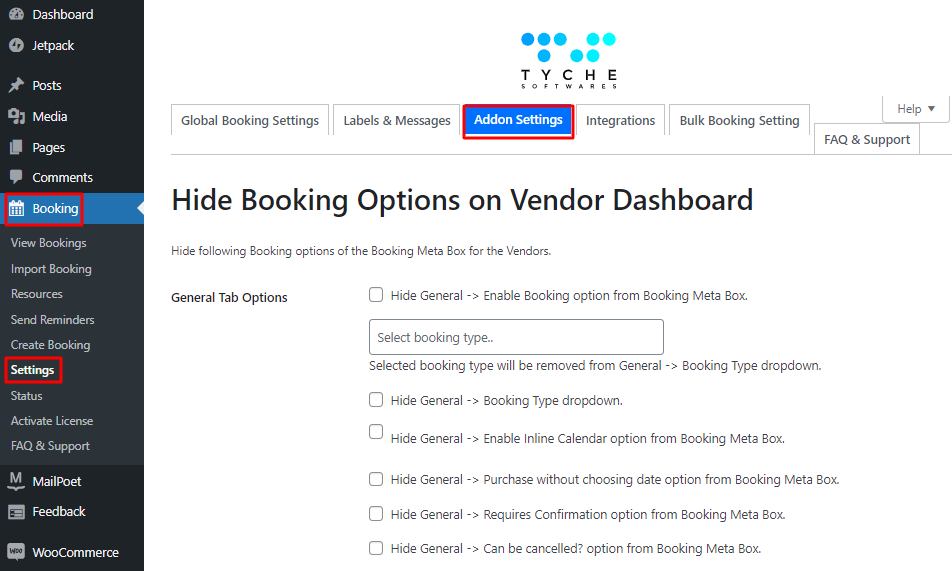 Hide various booking options on Vendor dashboard - Tyche Softwares Documentation