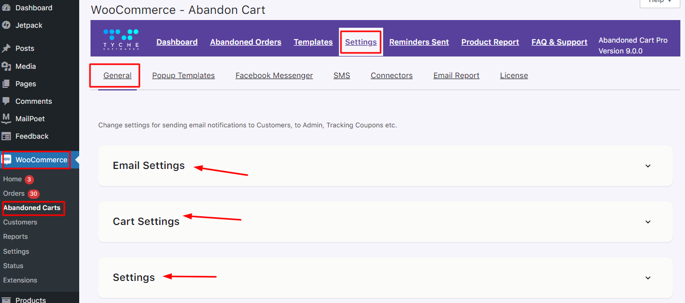 New Admin UI changes in v9.0.0 of Abandoned Cart Pro for WooCommerce plugin - Tyche Softwares Documentation