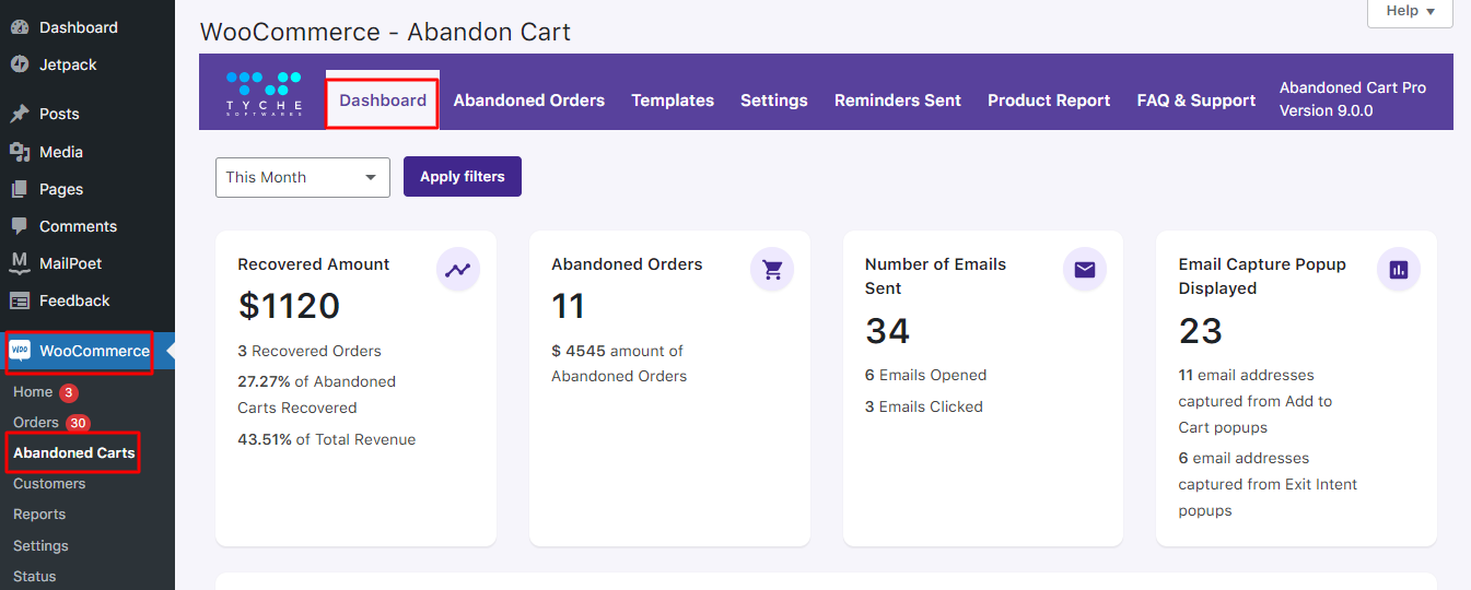 Abandoned Cart Pro Dashboard - Tyche Softwares Documentation