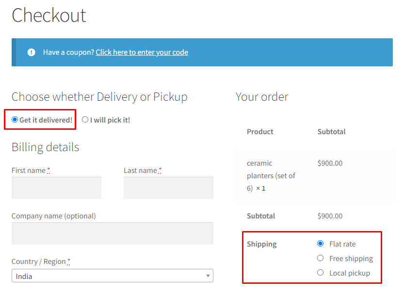 How can my customers select between Pickup or Delivery before entering the address? - Tyche Softwares Documentation