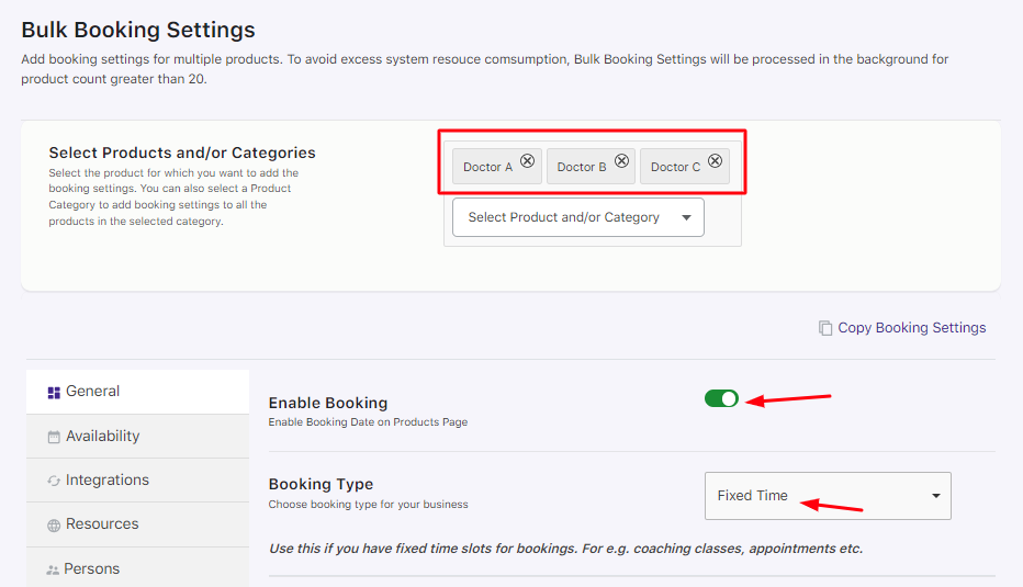 Bulk Booking Settings for Products