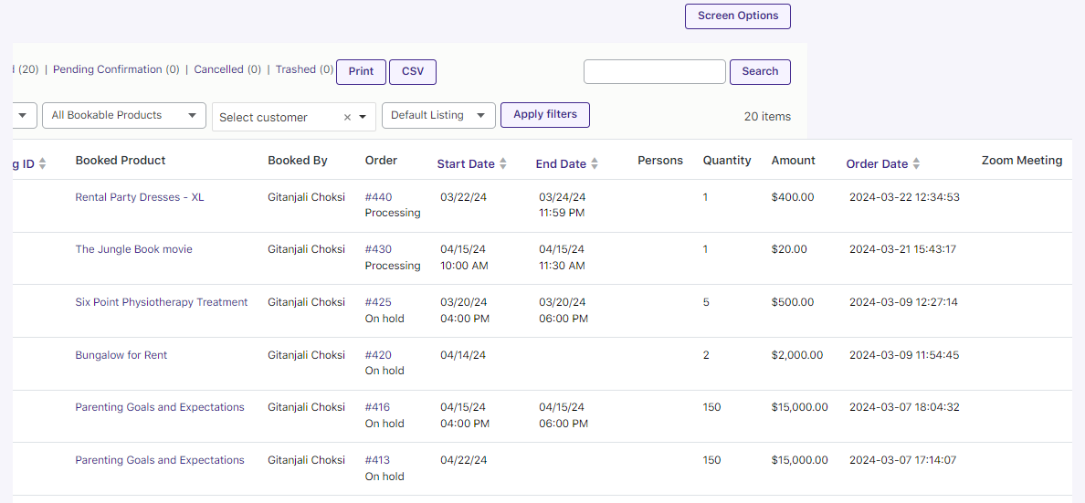 View Bookings for Admin - Tyche Softwares Documentation