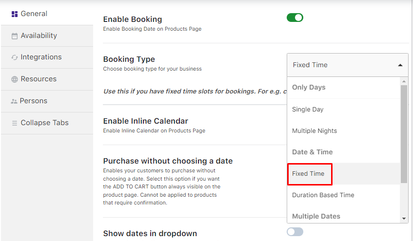 Fixed Time in the Date & Time Booking Type - Tyche Softwares Documentation