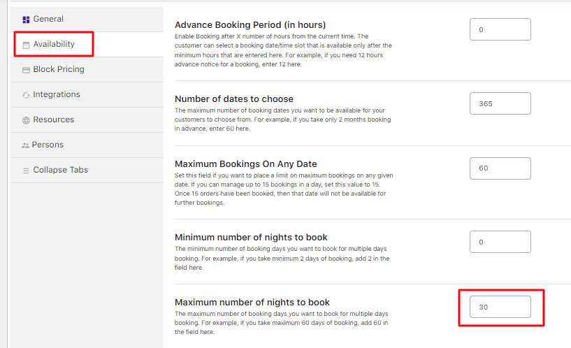 Maximum Nights in the Multiple Nights Booking Type - Tyche Softwares Documentation
