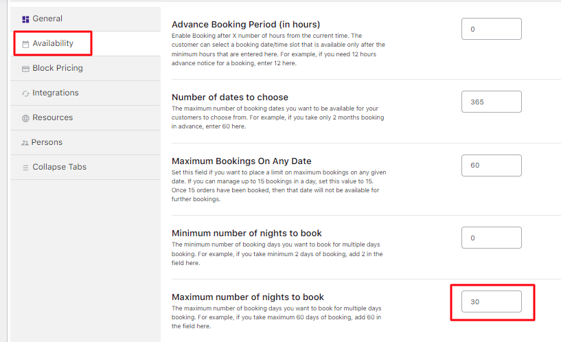 Maximum Number of Nights to Book in the Multiple Nights Booking Type - Tyche Softwares Documentation