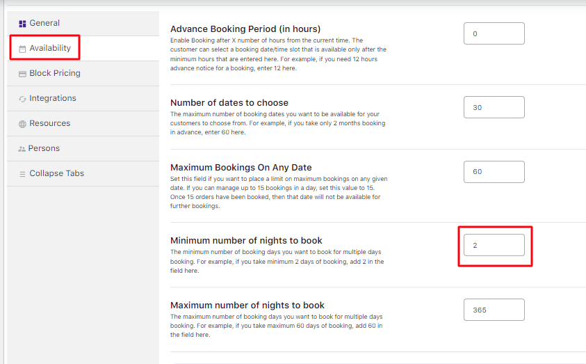 Minimum Number of Nights to Book in the Multiple Nights Booking Type - Tyche Softwares Documentation